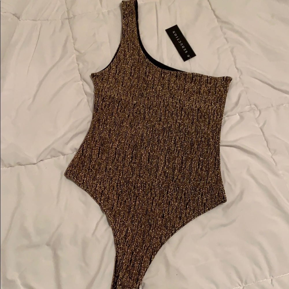 gold glitter one shoulder bodysuit
